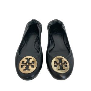 Tory Burch Reva Black Leather Gold Logo Ballet Flats Size 6 Excellent Condition
